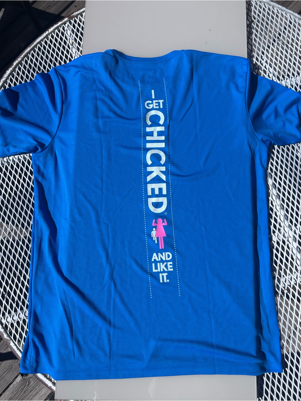 Men’s Large ASICS Royal Blue Short Sleeve performance Tee with CHICKED graphic
